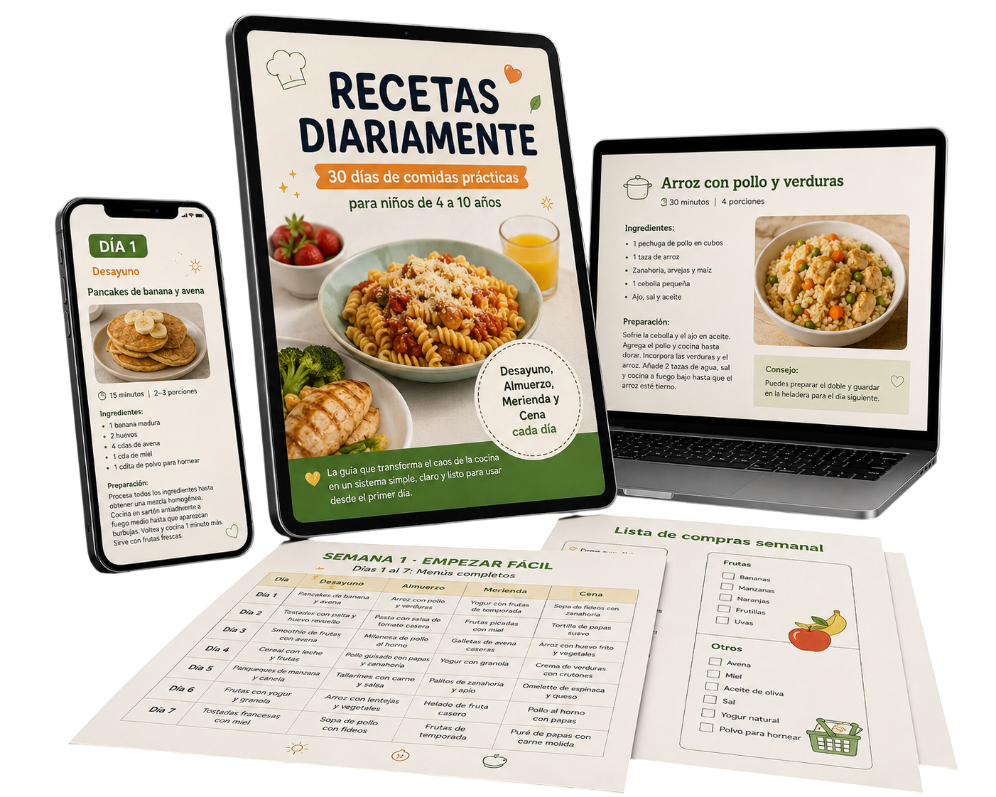 Interior de la guía Menú Fácil 30: plan diario con desayuno, almuerzo, merienda y cena, y receta paso a paso
